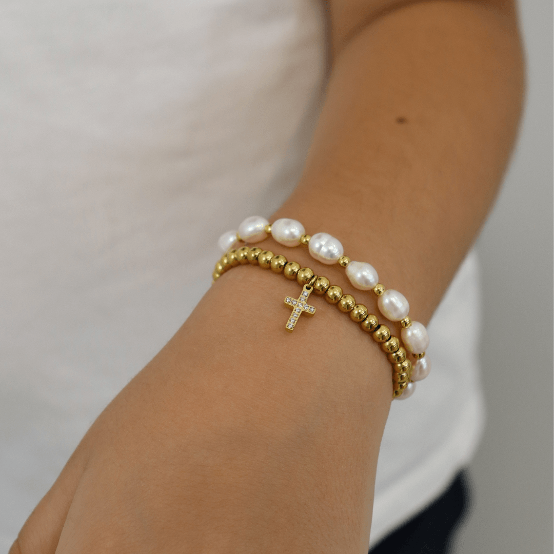 Gold Pearl Beaded Kids Bracelet Earrings IceLink-BL   